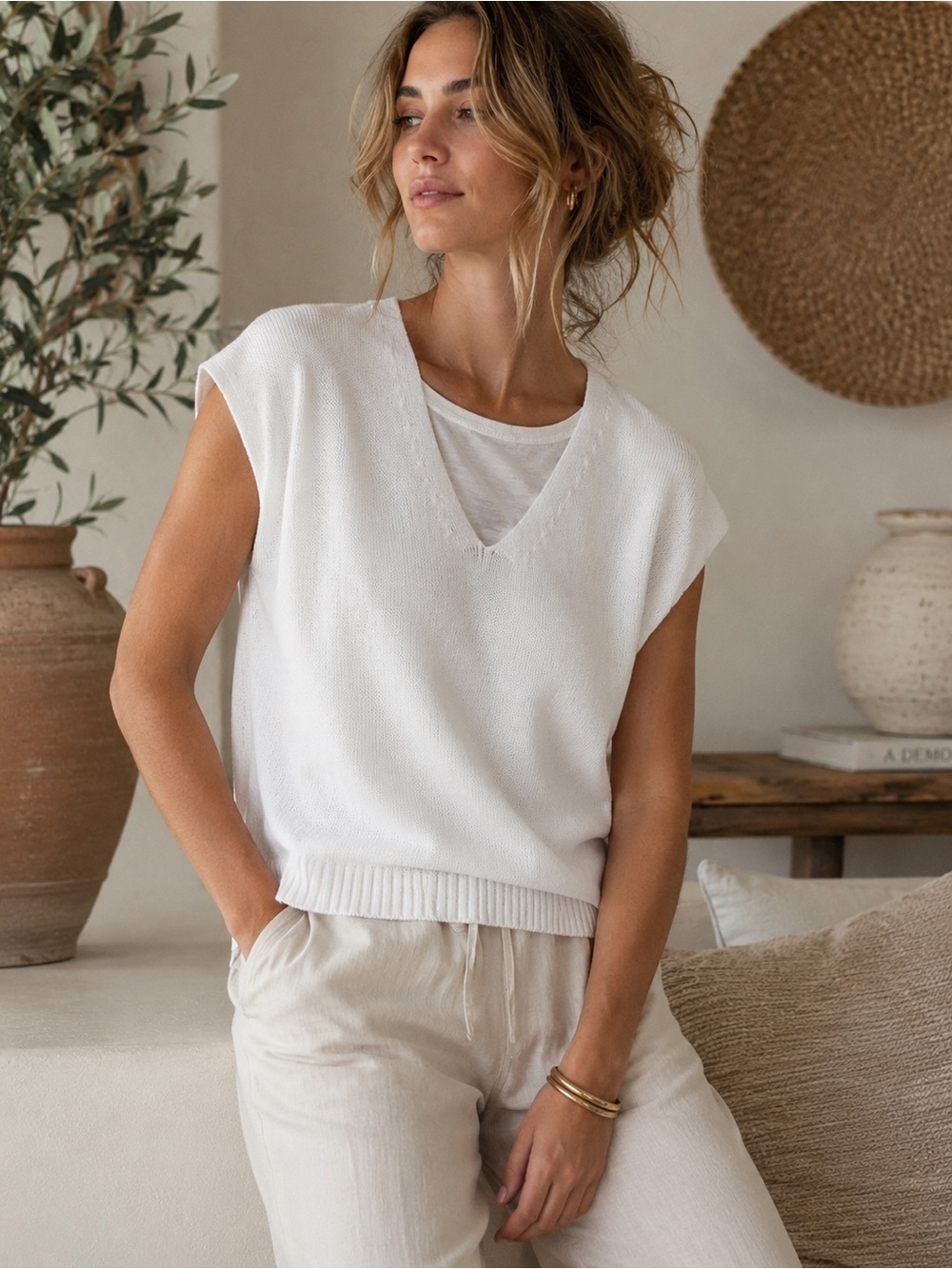 BRIT.NY Layered Knit Sweater Top XL White 100% Cotton Minimal Coastal Chic